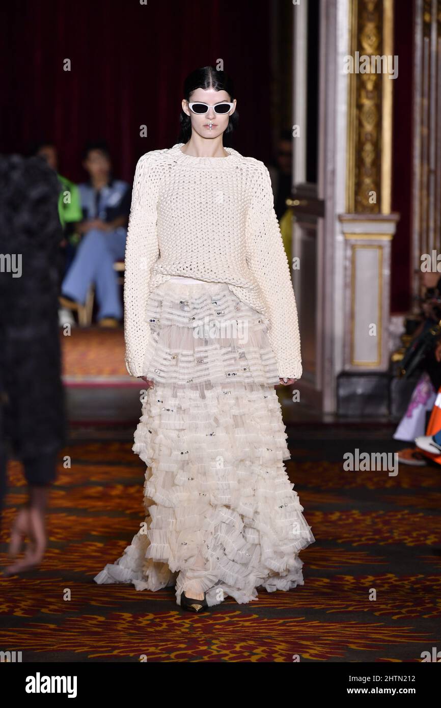 Paris, France on March 1 2022. Model Hannah Elyse walks on the runway at  the Koche fashion show during Fall/Winter 2022 Collections Fashion Show at Paris  Fashion Week in Paris, France on