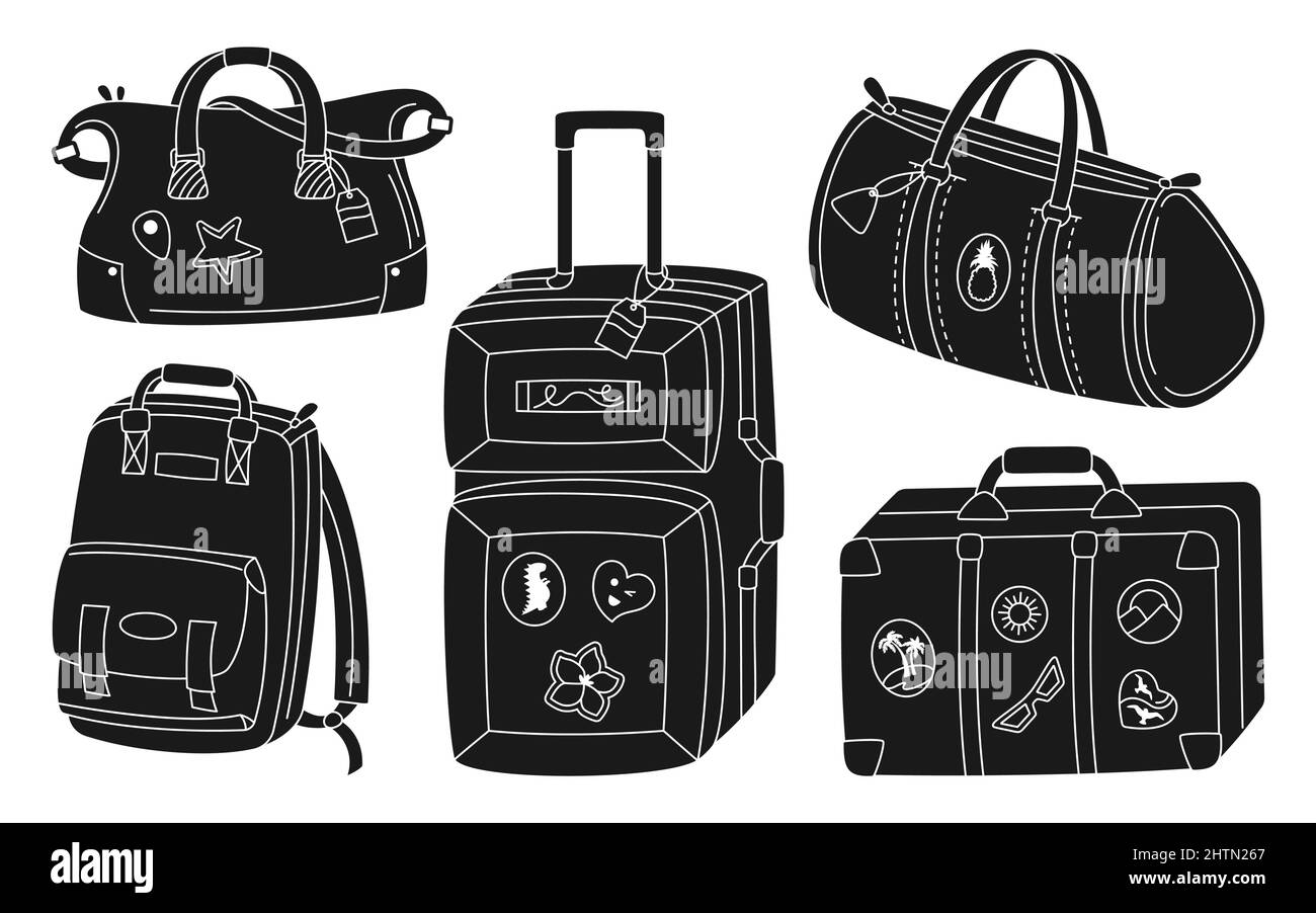Travel suitcase bag line stamp print set. Luggage simple journey