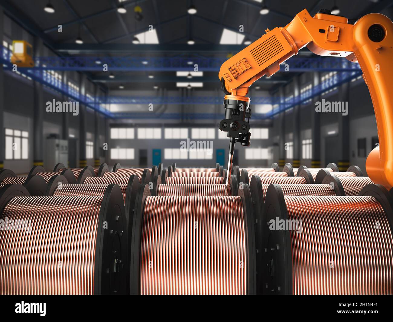 Automation factory concept with 3d rendering robotic arm with rolls of copper wire in factory Stock Photo