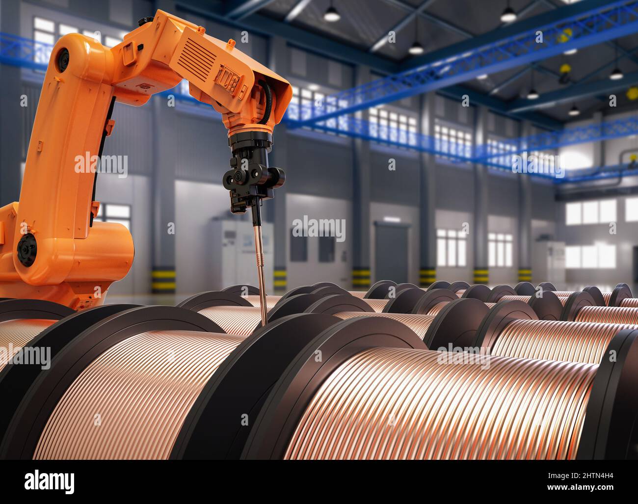 Automation factory concept with 3d rendering robotic arm with rolls of copper wire in factory Stock Photo