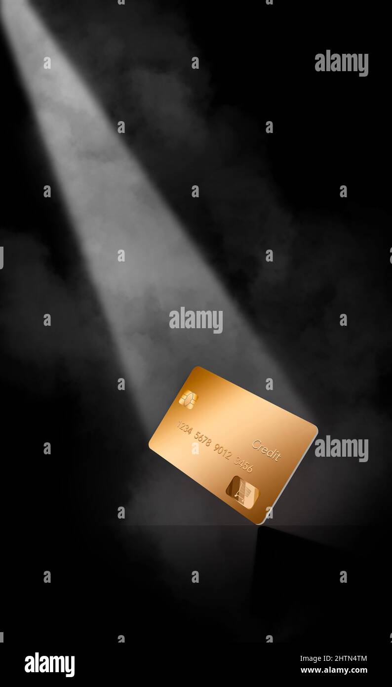 A gold credit card is the star and appears in a spotlight in this 3d