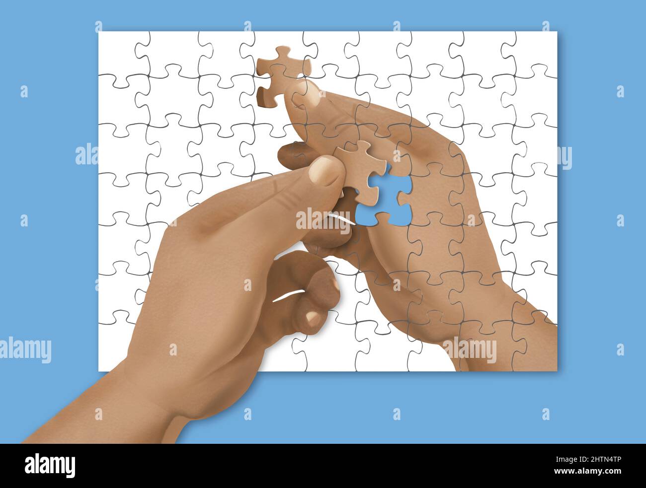 IRONIC JIGSAW PUZZLE-A puzzle of a hand holding a puzzle pieces is  completed by an identical hand holding the last piece in a 3-d illustration  Stock Photo - Alamy