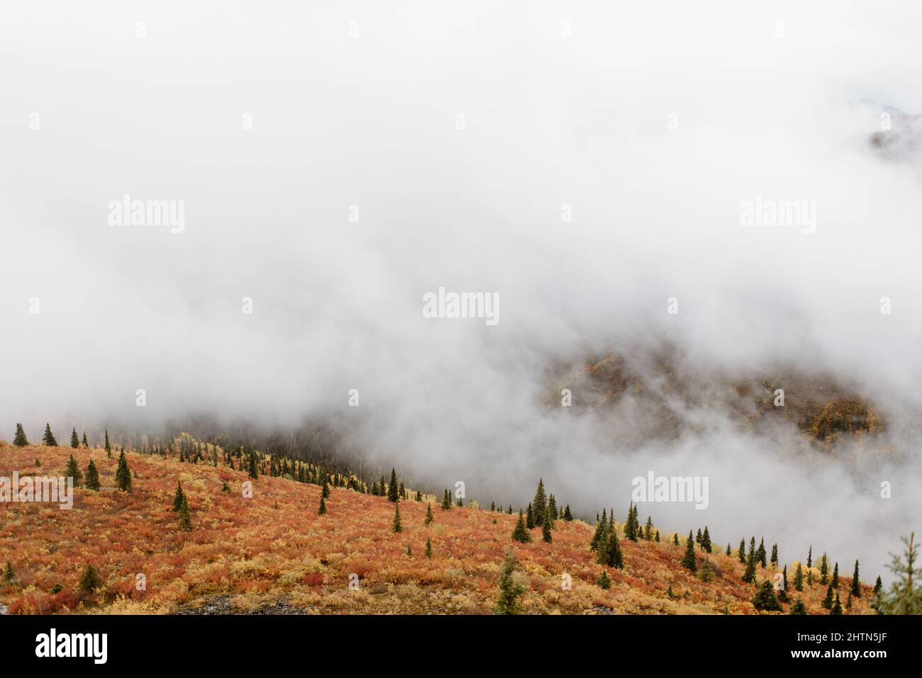 Canada, Yukon, Whitehorse, Clouds and fog above hills Stock Photo