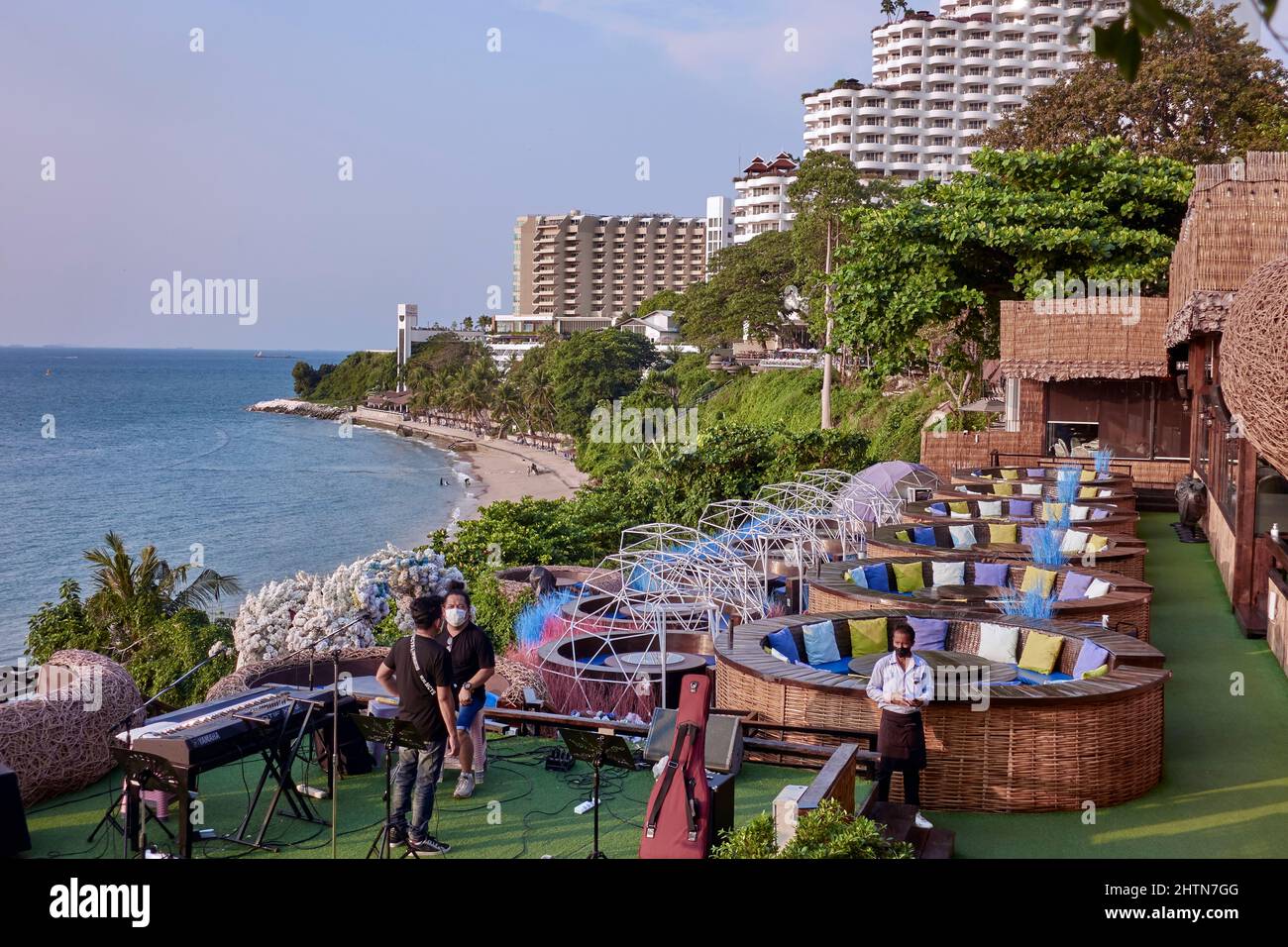 Outdoor Dining terrace with an ocean view at the 3 Mermaids restaurant