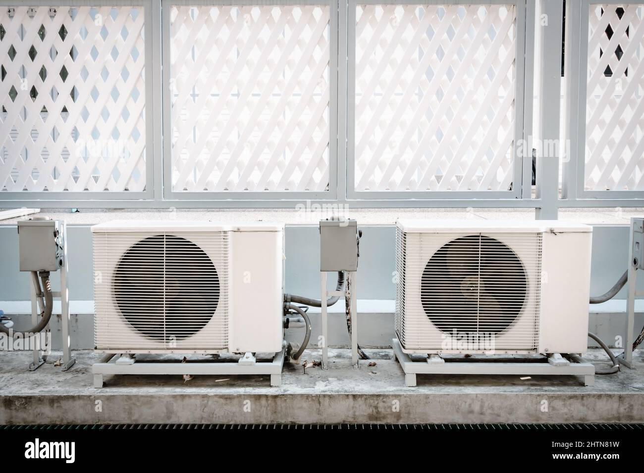 Cooling Air Condition Unit and Control System, Air Condenser Engine Station  Outside Building of HVAC Systems. Electrical Compressor Fan Coil of Air Co  Stock Photo - Alamy