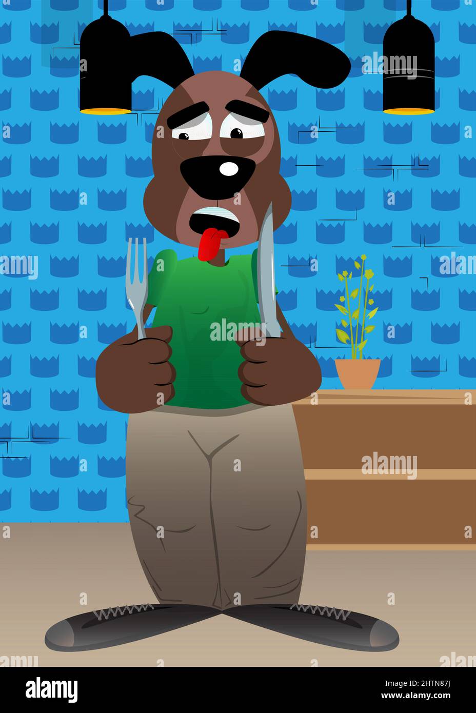 Funny cartoon dog holding up a knife and fork. Vector illustration