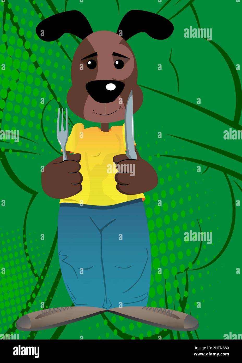 Funny cartoon dog holding up a knife and fork. Vector illustration