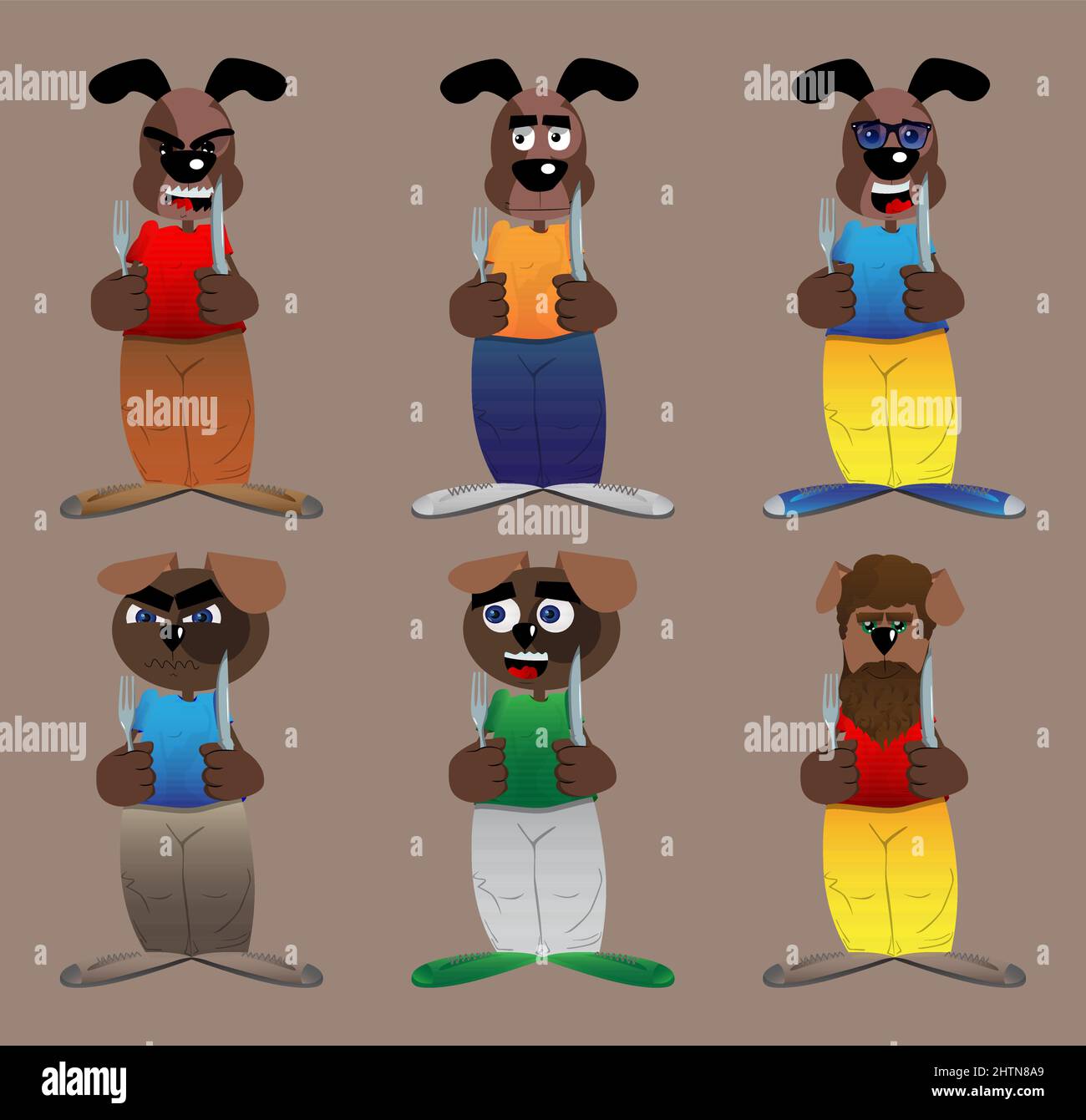 Funny cartoon dog holding up a knife and fork. Vector illustration