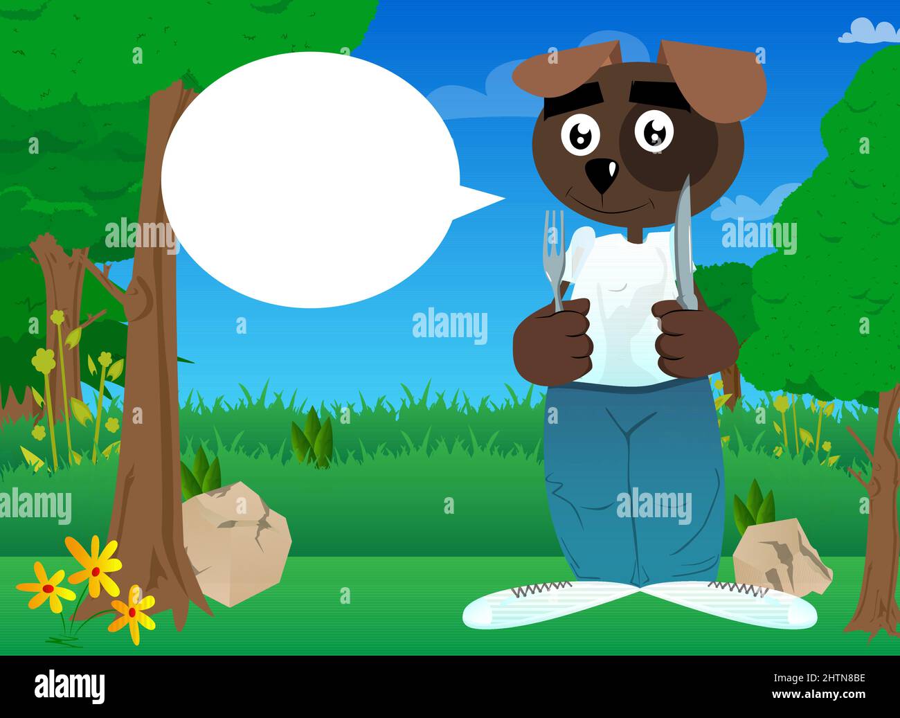 Funny cartoon dog holding up a knife and fork. Vector illustration