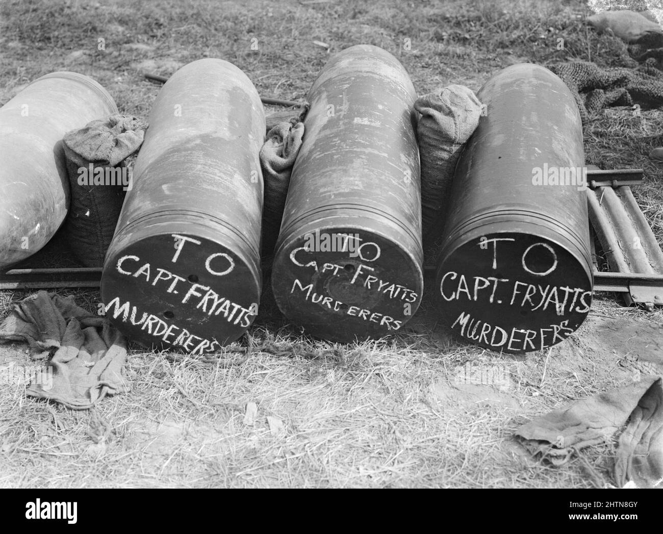 15-inch shells of the No. 10 Battery, Royal Marine Artillery with a written message reading: 'To Captain Fryatt Murderers'. Becourt, 3 August 1916. Stock Photo