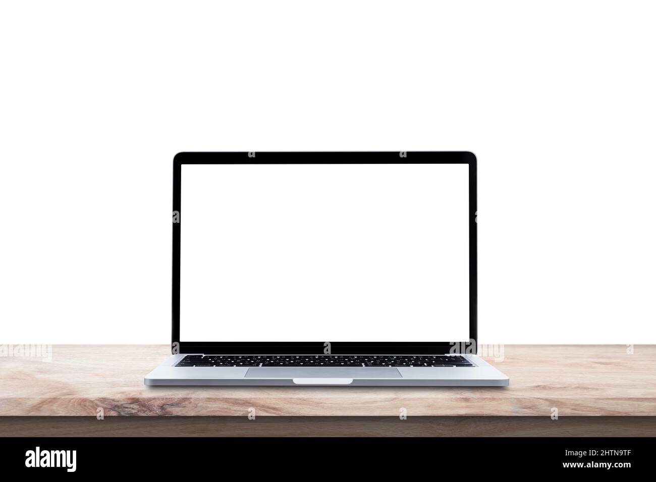 Modern Laptop computer with blank screen on wood table isolated on ...