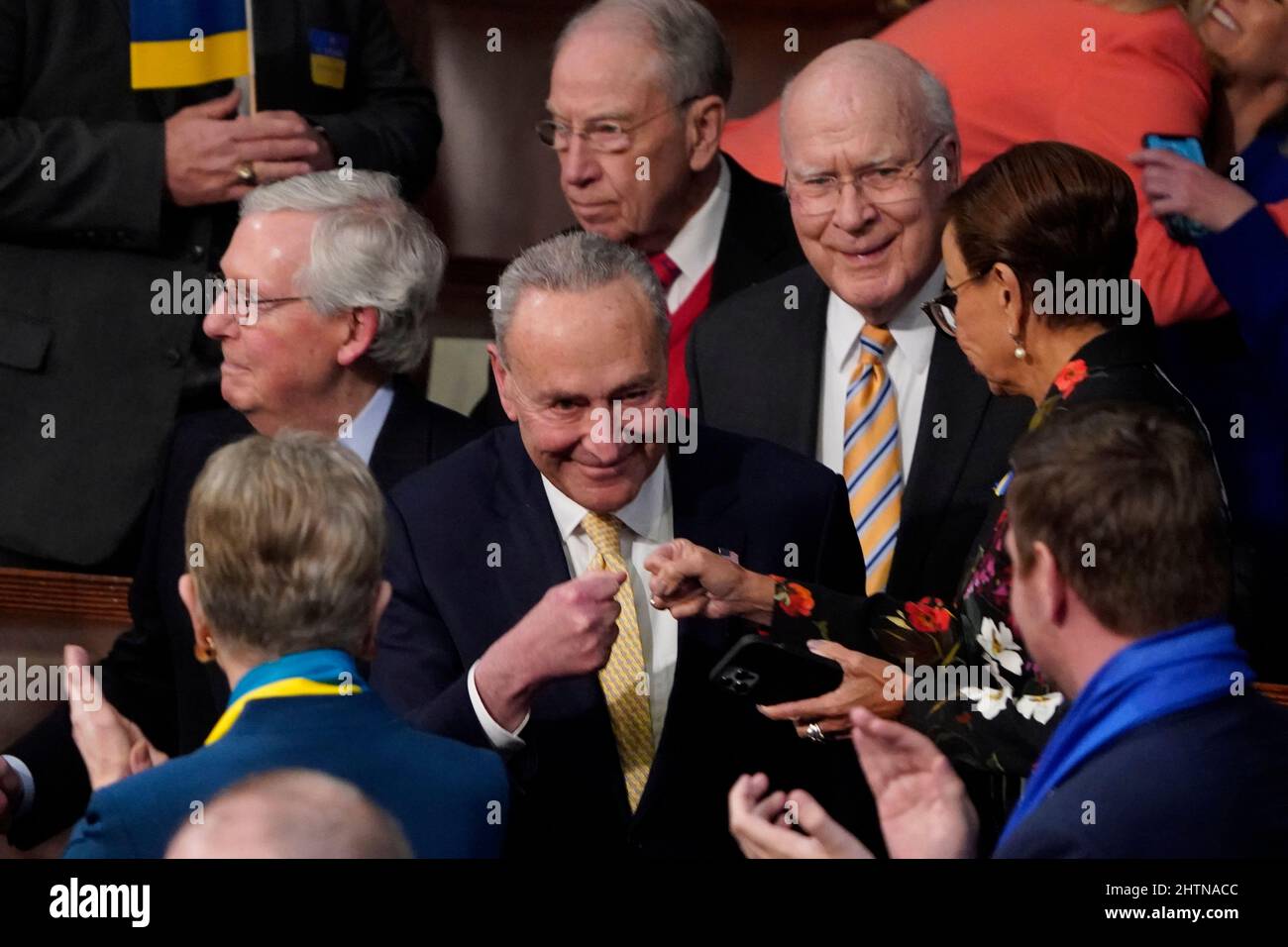 Senate Majority Leader Chuck Schumer of N.Y., along with Sen. Patrick Leahy, D-Vt., Sen. Chuck Grassley, R-Iowa, and Senate Minority Leader Mitch McConnell of Ky., arrive before President Joe Biden delivers his first State of the Union address to a joint session of Congress, at the Capitol in Washington, Tuesday, March 1, 2022. Credit: J. Scott Applewhite/Pool via CNP /MediaPunch Stock Photo