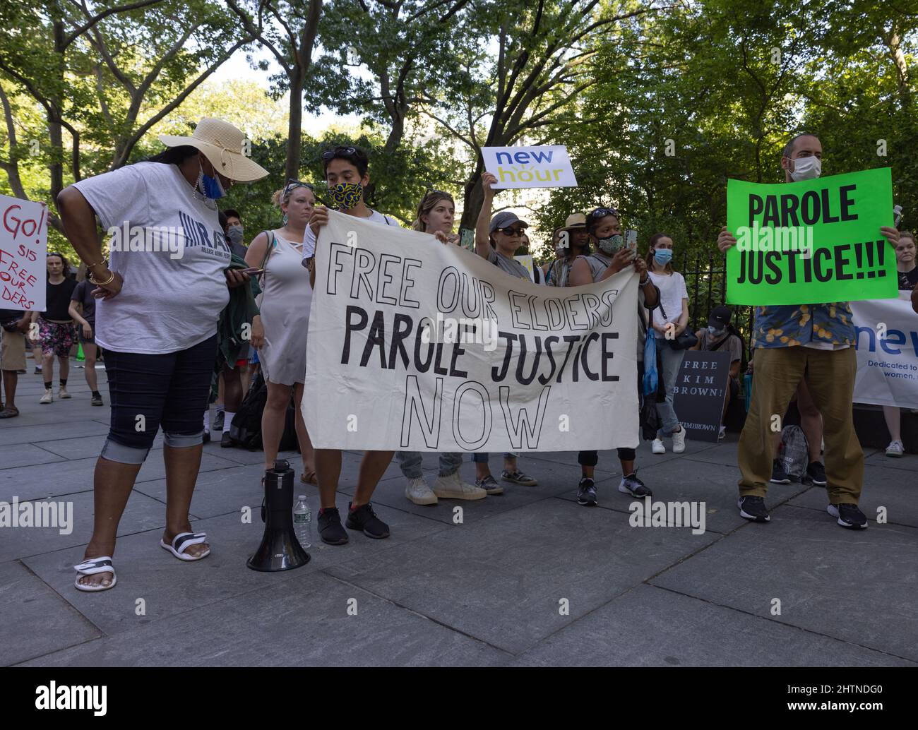 NEW YORK, N.Y. – June 5, 2021: Demonstrators gather in Manhattan to urge the New York State Legislature to adopt parole reform measures. Stock Photo