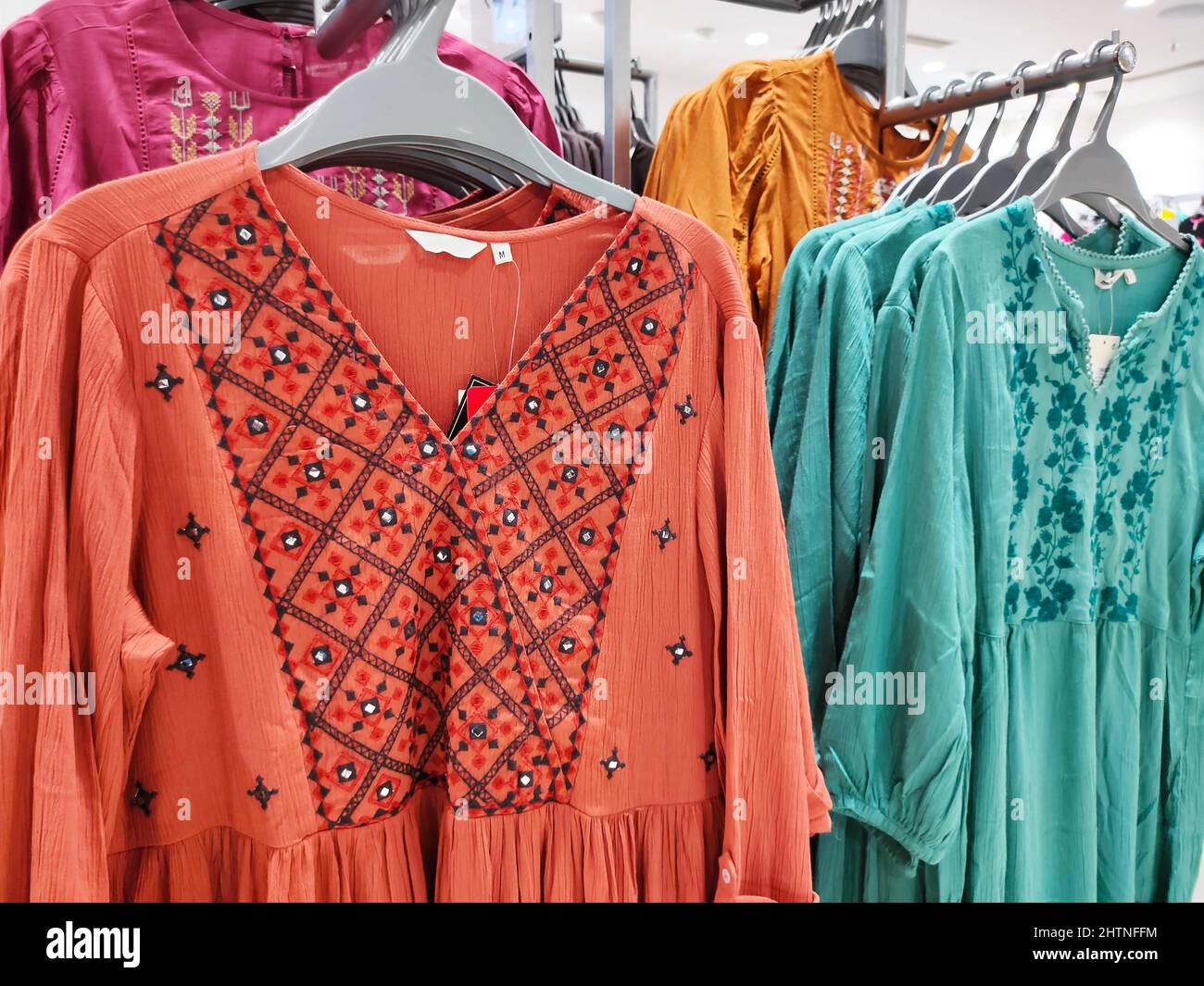 Indian colorful dresses, Fashion stylish colourful clothes display in Indian Shopping Mall Stock