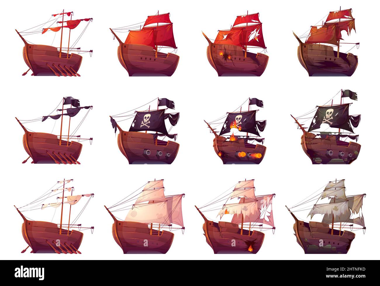 Pirate ship and galleon before and after sea battle. Fight of sailboats with cannon fire. Vector cartoon set of wooden ships with folded sails, with black flag and broken after wreck or attack Stock Vector