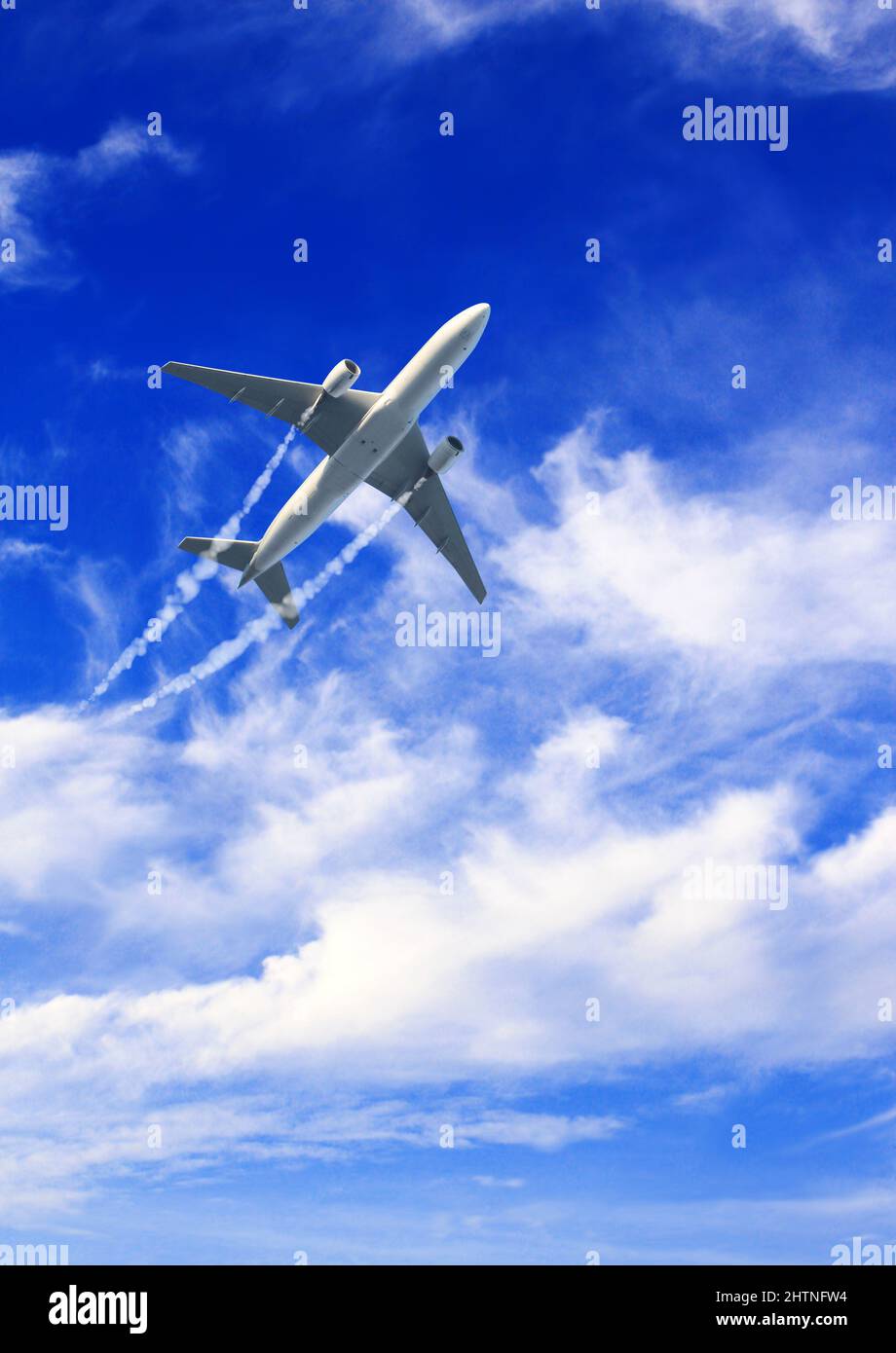 Vertical nature background with aircraft and Jet trailing smoke in the ...