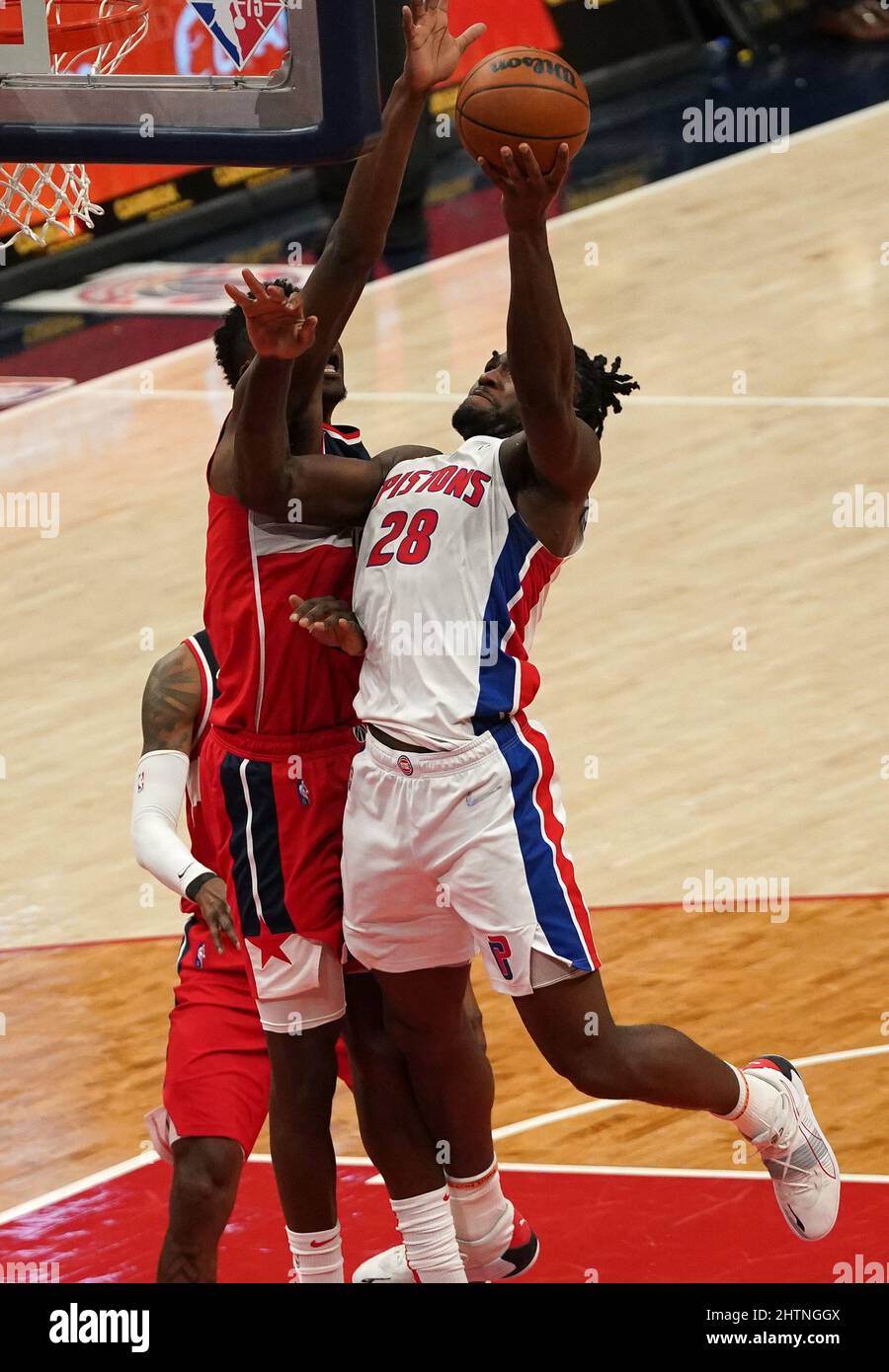 Washington, USA. 01st Mar, 2022. WASHINGTON, DC - MARCH 01: Detroit Pistons center Isaiah Stewart (28) up for a basket during a NBA game between the Washington Wizards and the Detroit Pistons, on March 01, 2022, at Capital One Arena, in Washington, DC. (Photo by Tony Quinn/SipaUSA) Credit: Sipa USA/Alamy Live News Stock Photo
