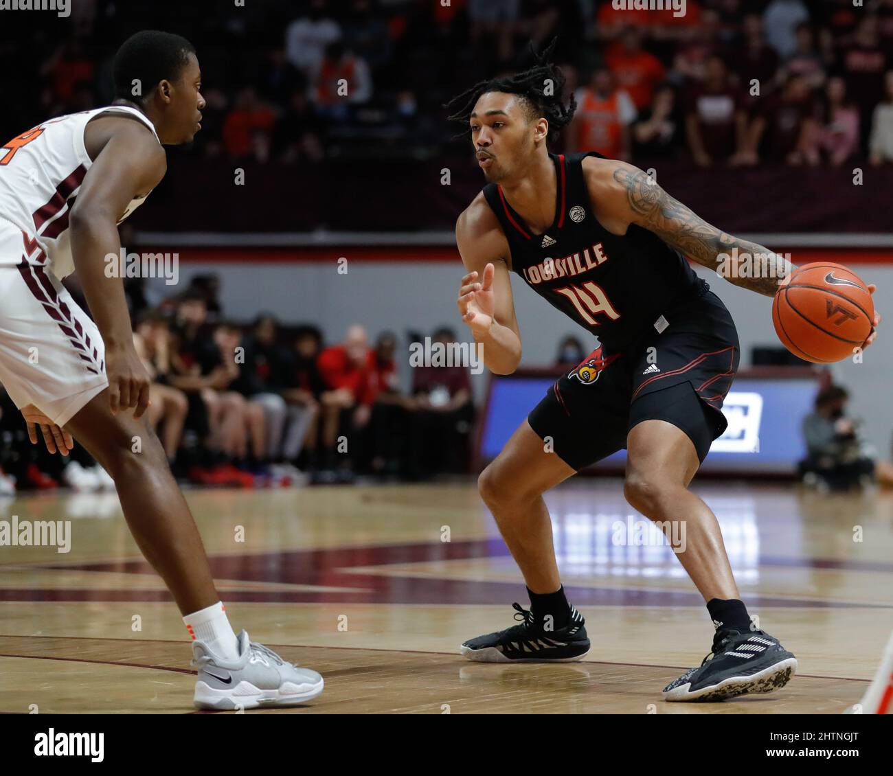 Blacksburg, Virginia, USA. 1st Mar, 2022. Louisville Cardinals forward  Jae'Lyn Withers (24) looks to drive during the NCAA Basketball game between  the Louisville Cardinals and the Virginia Tech Hokies at Cassell Coliseum  in Blacksburg, Virginia. Greg