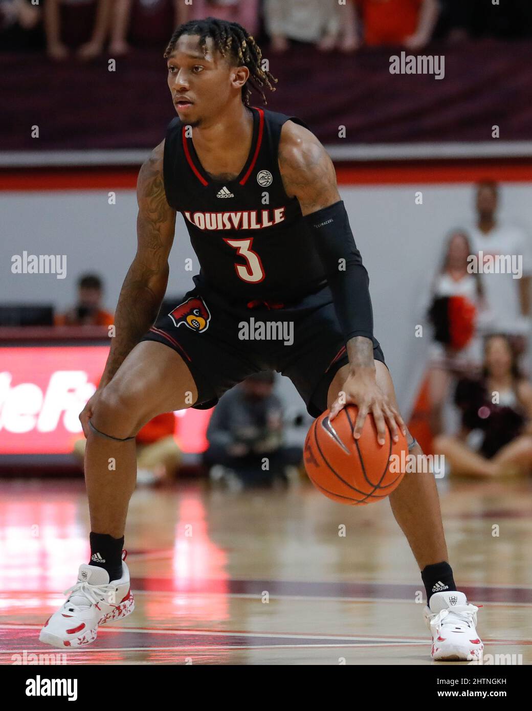 Blacksburg, Virginia, USA. 1st Mar, 2022. Louisville Cardinals forward  Jae'Lyn Withers (24) looks to drive during the NCAA Basketball game between  the Louisville Cardinals and the Virginia Tech Hokies at Cassell Coliseum  in Blacksburg, Virginia. Greg