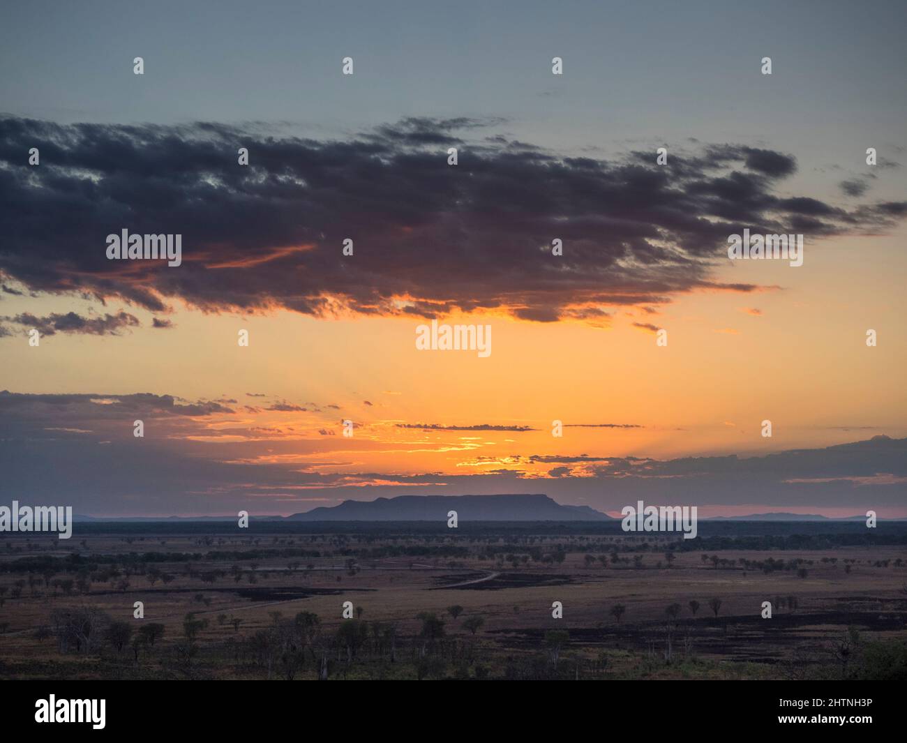 Sunrise over House Roof Hill from Telegraph Hill, Parry Lagoons, East Kimberley Stock Photo