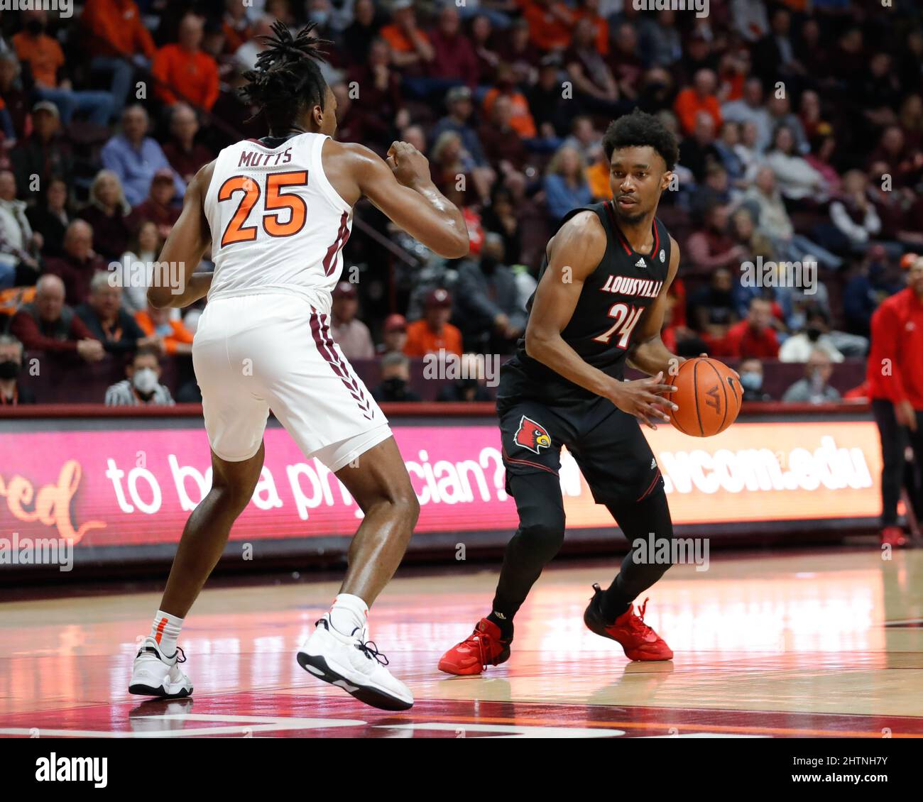 Blacksburg, Virginia, USA. 1st Mar, 2022. Louisville Cardinals forward  Jae'Lyn Withers (24) looks to drive during the NCAA Basketball game between  the Louisville Cardinals and the Virginia Tech Hokies at Cassell Coliseum  in Blacksburg, Virginia. Greg