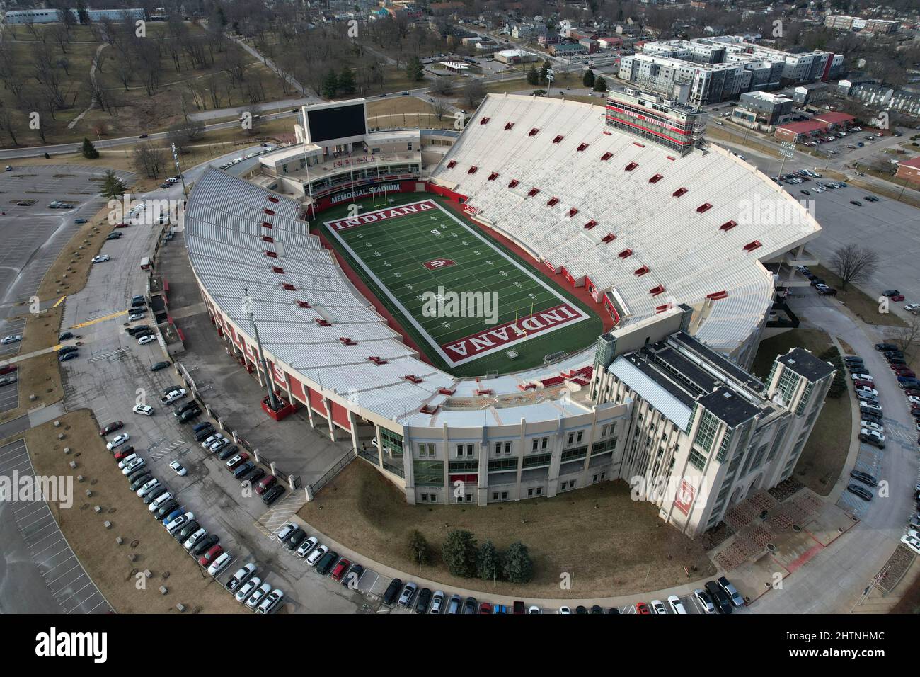 An aerial view of Memorial Stadium on the campus of Indiana University, Monday, Mar. 1, 2022, in Bloomington, Ind. The stadium is the home of the Indi Stock Photo