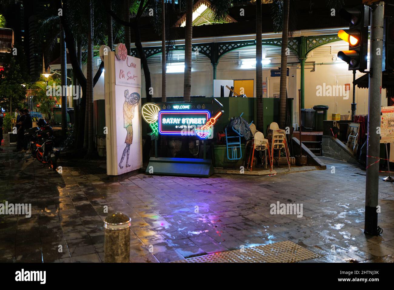 Entrance to the Satay Street in Singapore, night food market in Singapore besides Lau Pa Sat. Stock Photo