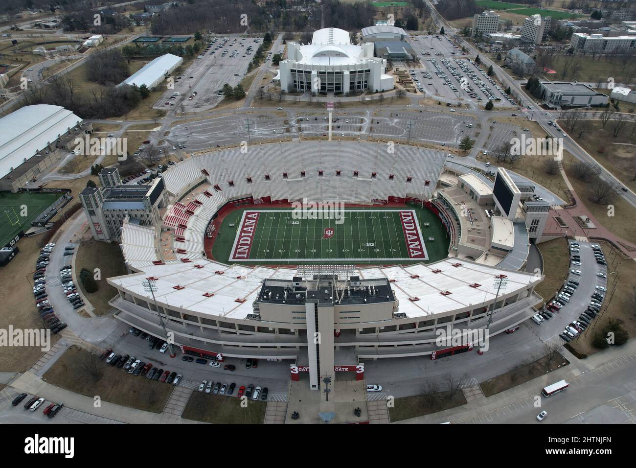 An aerial view of Memorial Stadium on the campus of Indiana University