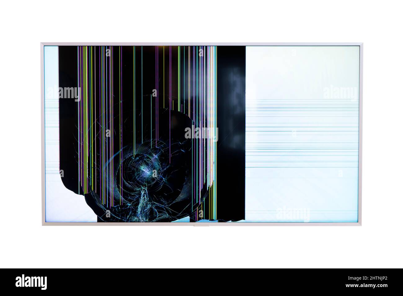 Broken LCD TV monitor isolated on white background. Colorful stripes on a broken LCD TV screen. Abstract colorful stripe Stock Photo