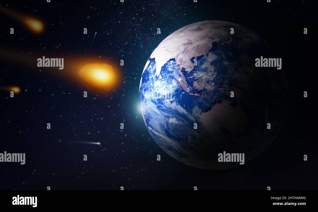 Large Asteroid Going To hit Earth Planet. Spectacular Cosmos Event and Astronomy Catastrophe Probability Stock Photo