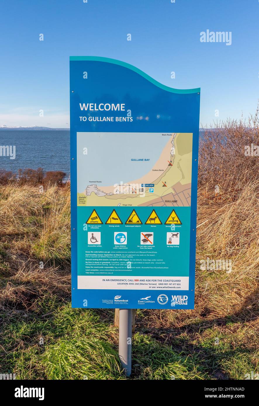 Sign with information and a map at Gullane Beach, Gullane, East Lothian ...