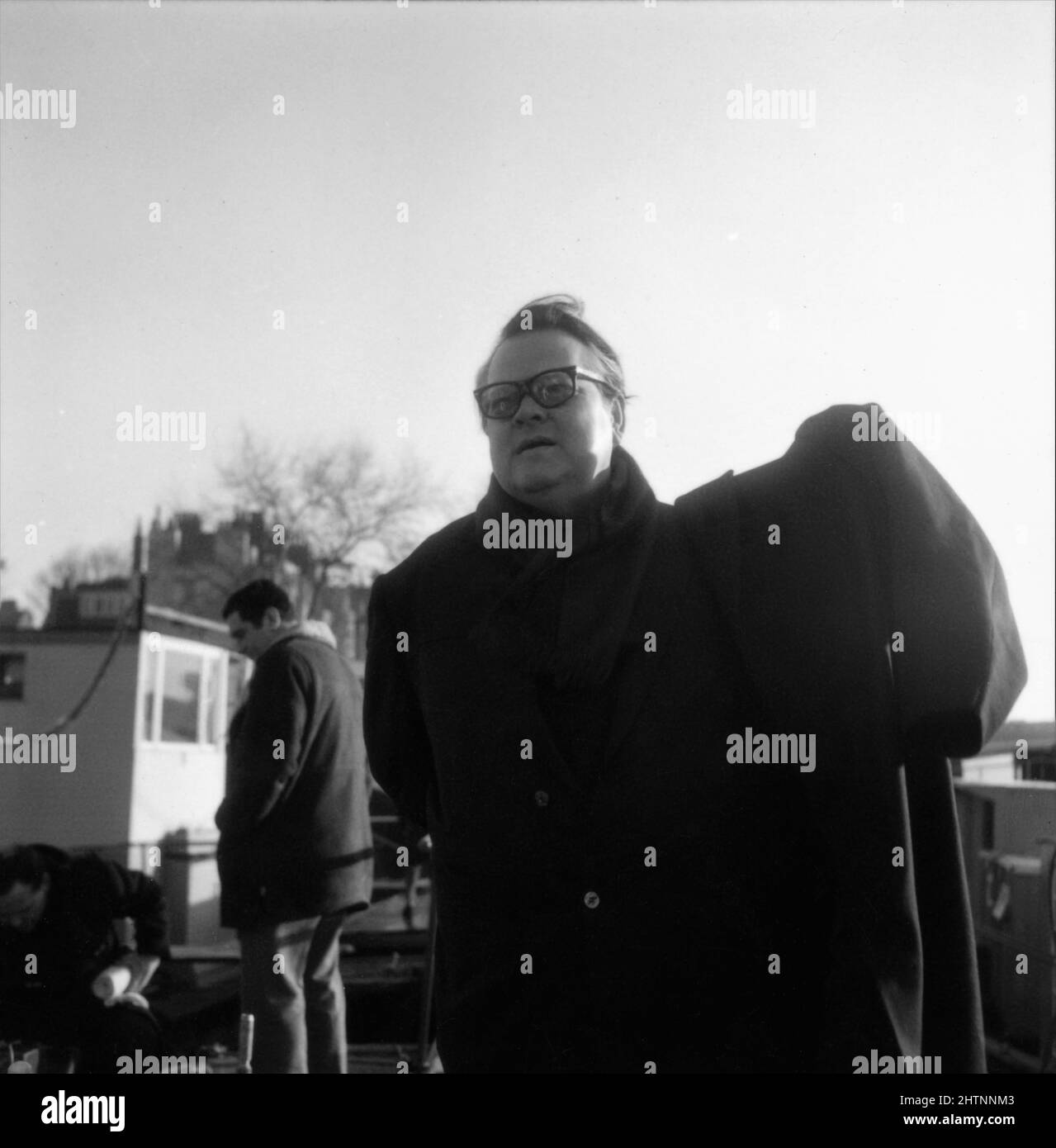Peter Draper ORSON WELLES on set location candid in Cheyne Walk Chelsea London ...