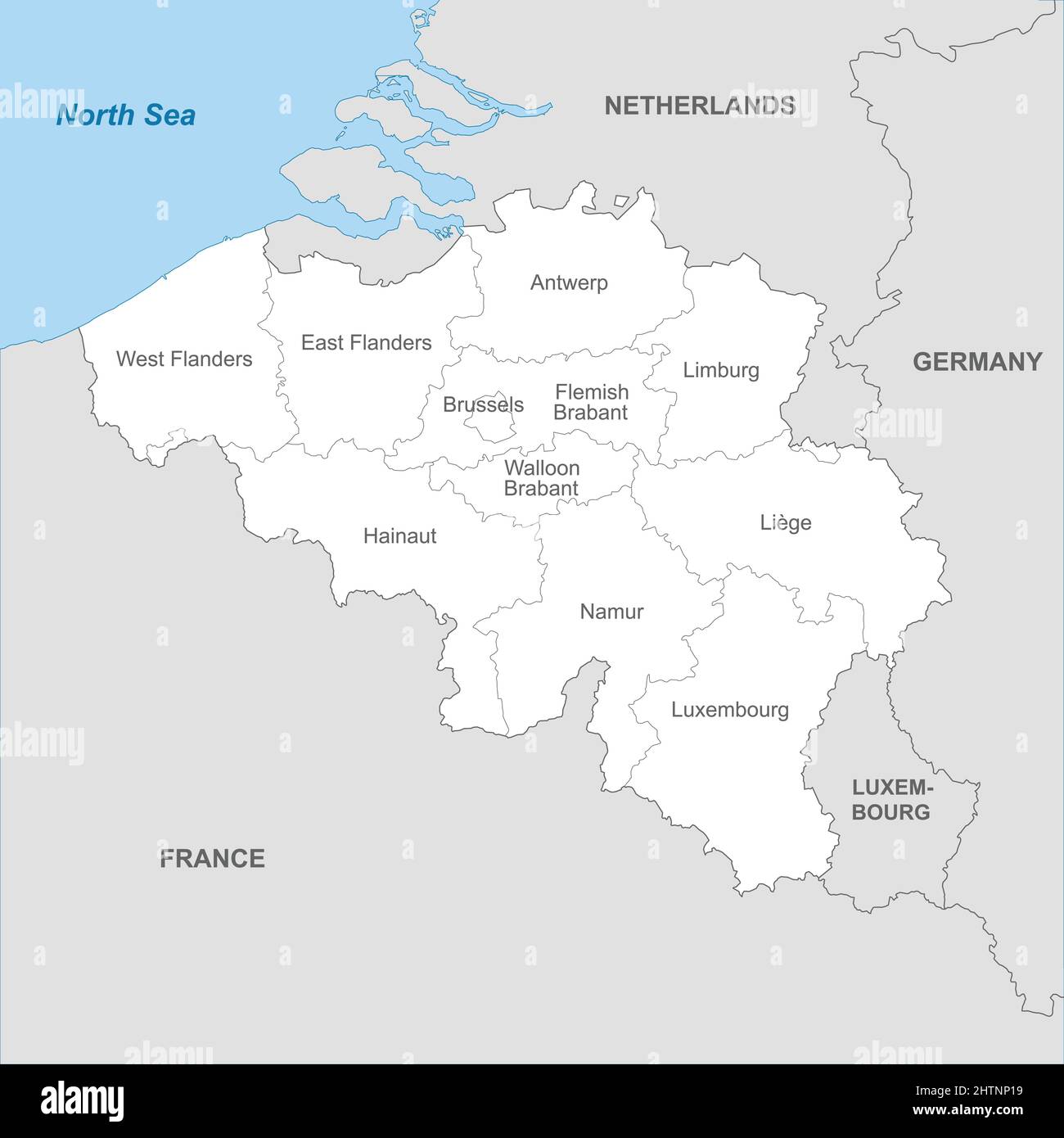 Political map of Belgium with borders with borders of regions and countries Stock Vector Image