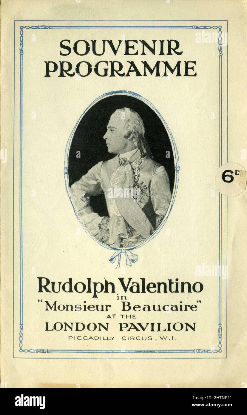 Cover of British Programme for the London Pavilion cinema showing in September 1924 of RUDOLPH VALENTINO in MONSIEUR BEAUCAIRE 1924 director SIDNEY OLCOTT novel Booth Tarkington art direction / costume design Natacha Rambova Paramount Pictures Stock Photo