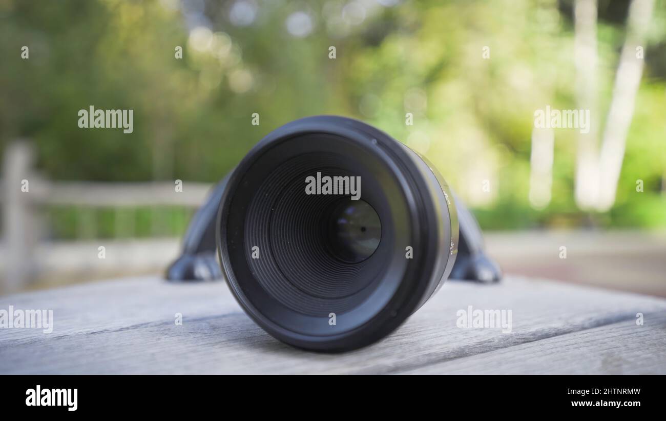 Closeup of ultrawideangle lens. Action. Modern newgeneration lens for professional cameras