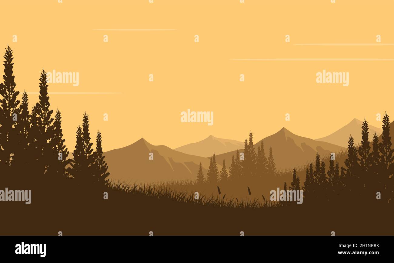 Pdusk Vector View of mountains and forest with realistic silhouettes of pine trees ...