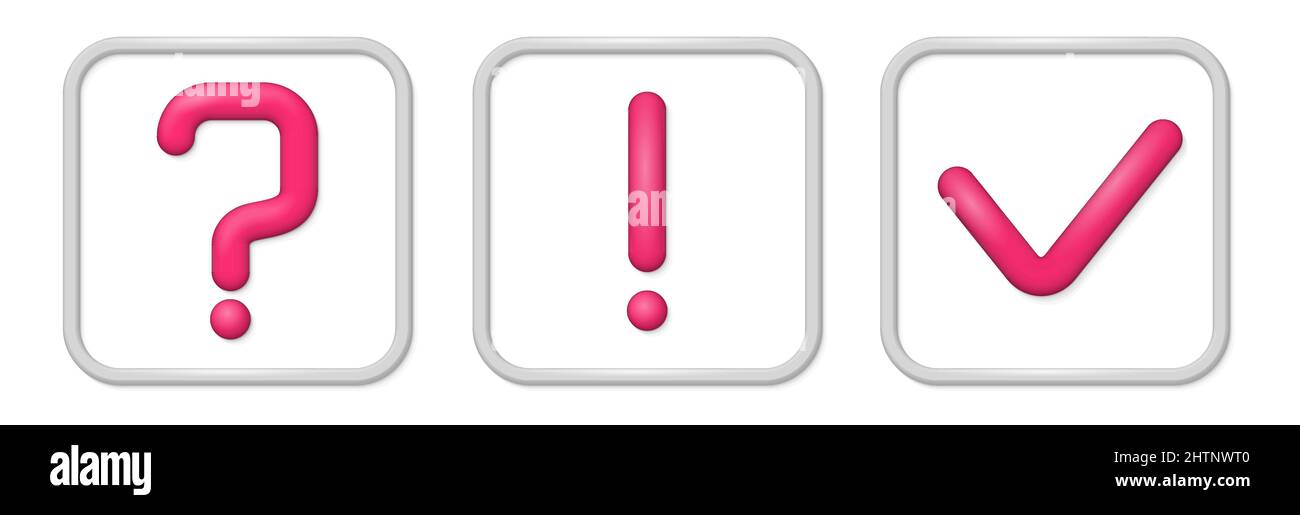 3D cartoon exclamation question and check mark icon. Online symbols set ...