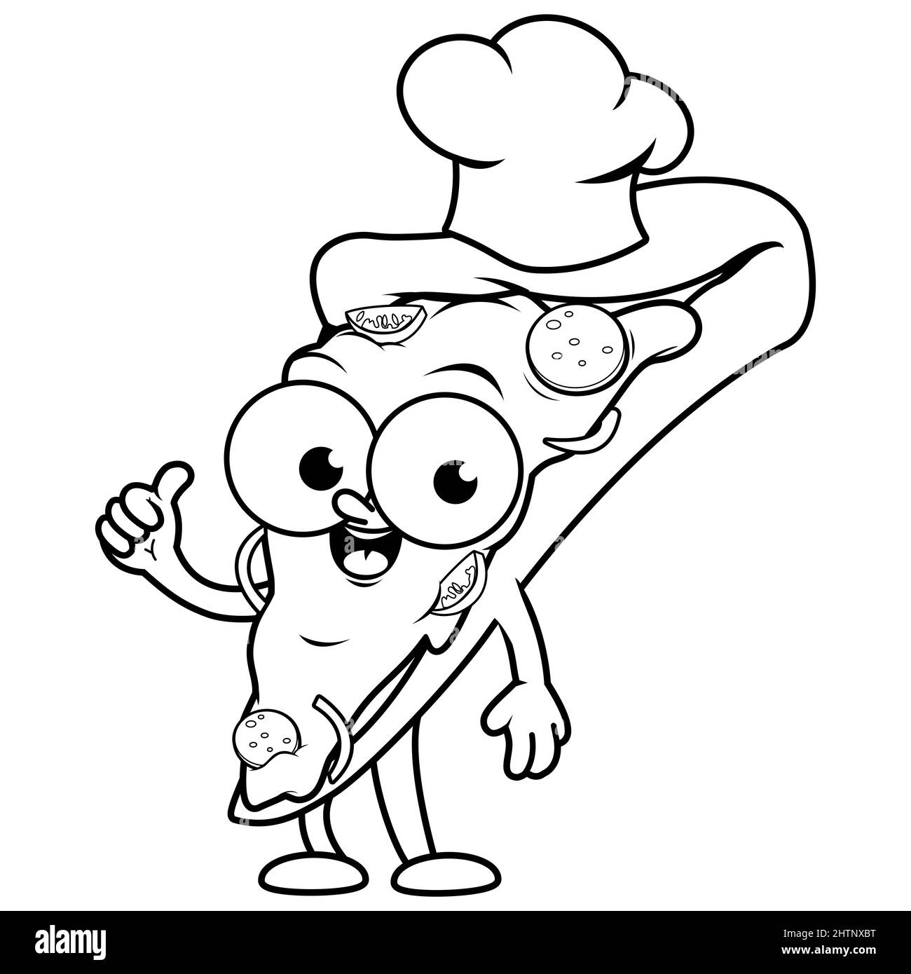 Cartoon pizza slice character with a chef hat. Black and white coloring page Stock Photo