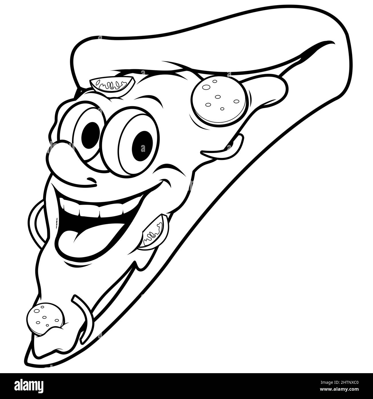 Cartoon pizza slice character. Back and white coloring page Stock Photo