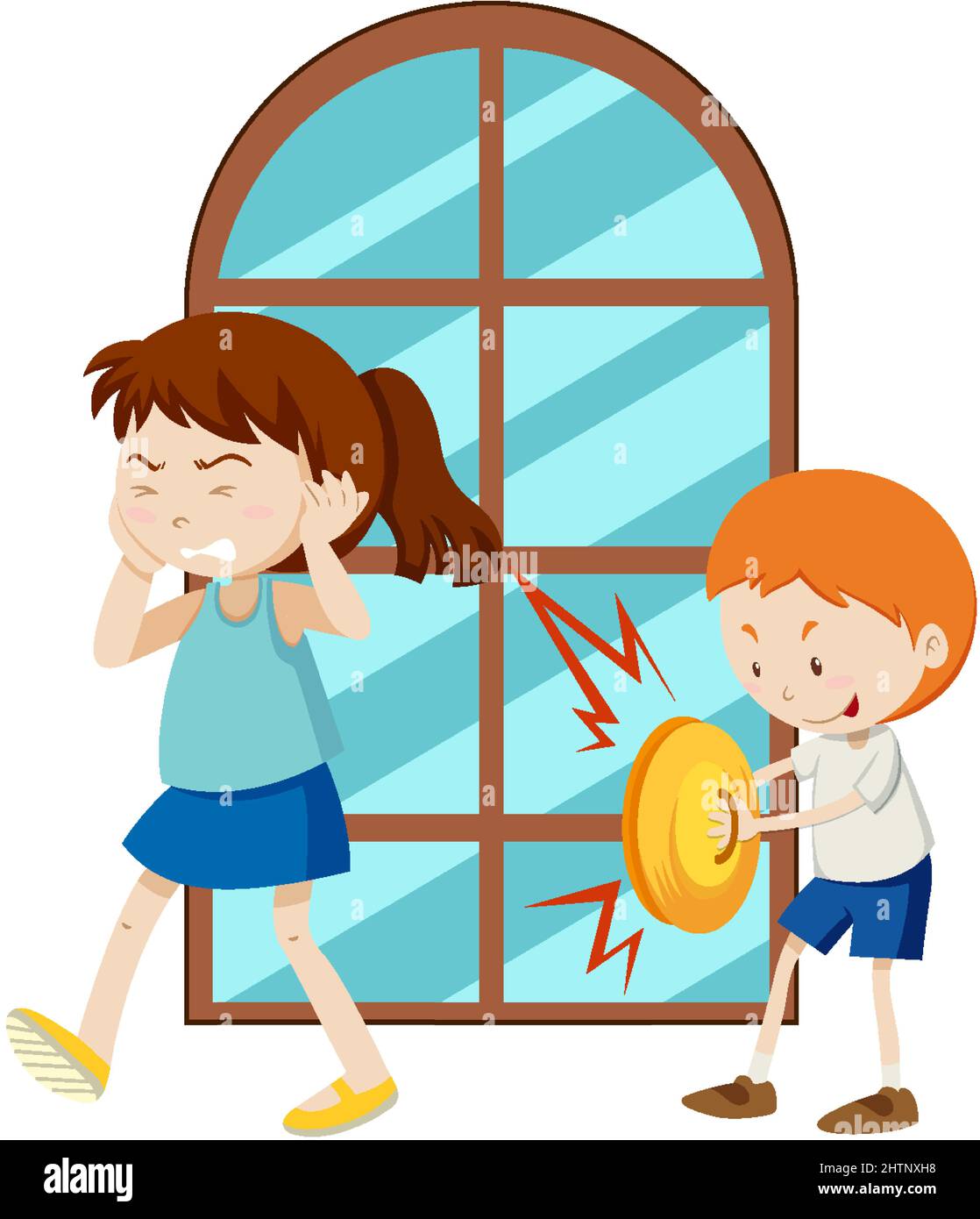Girl covering ears from boy making loud noise illustration Stock Vector