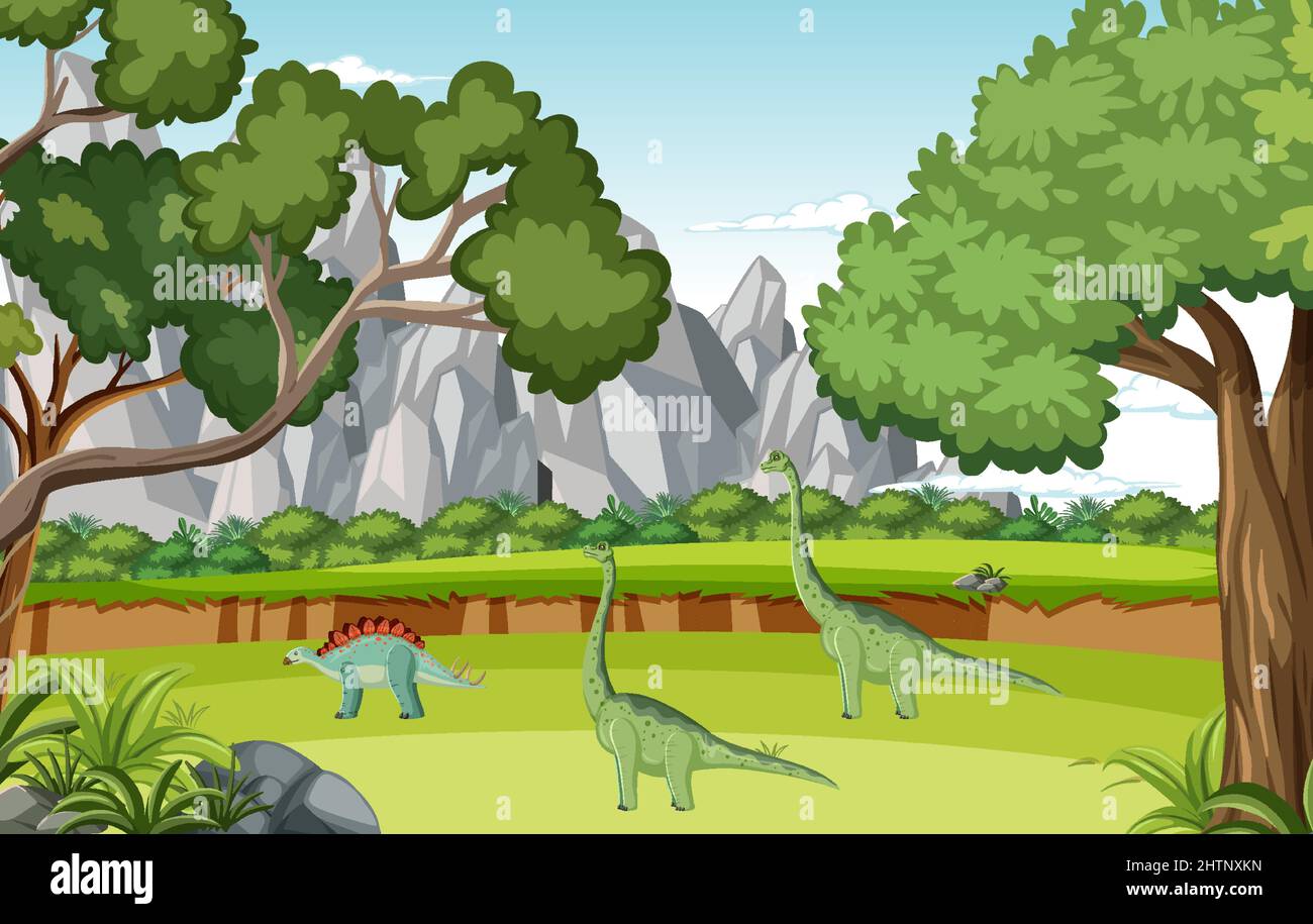 Scene with dinosaurs in forest illustration Stock Vector Image & Art ...