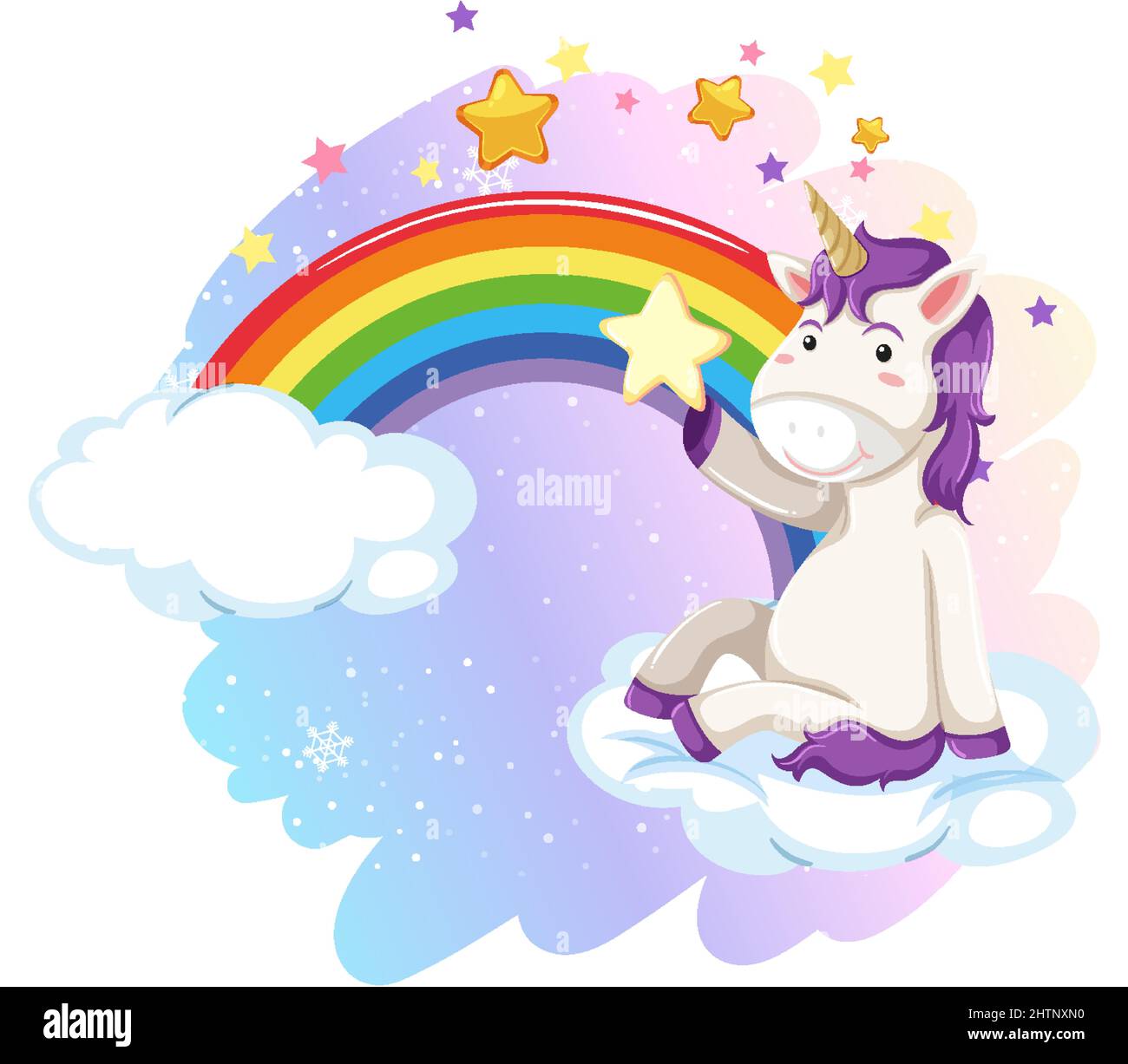 Cute unicorn sitting on a cloud with rainbow illustration Stock Vector ...