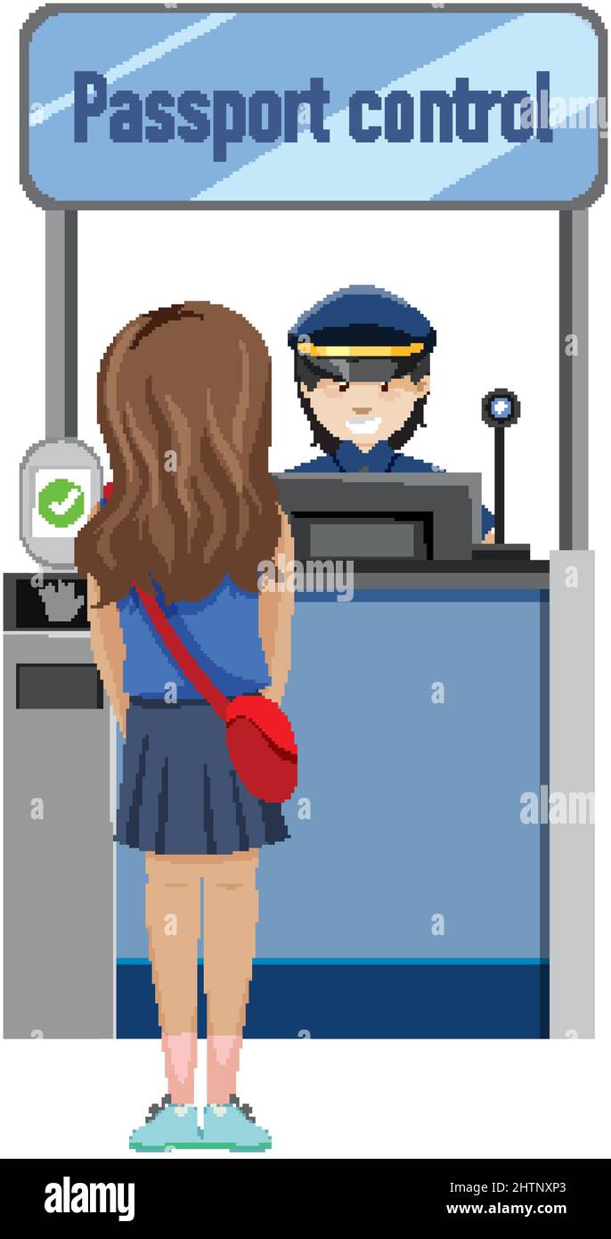 Passport control counter with security officer illustration Stock ...