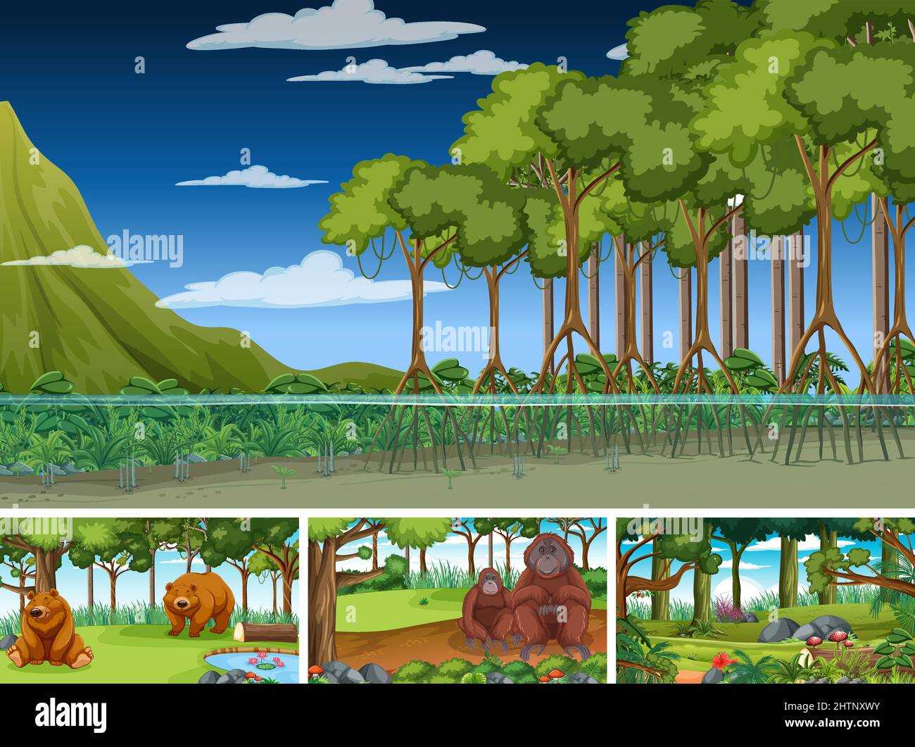 Scenes with wild animals in the forest illustration Stock Vector