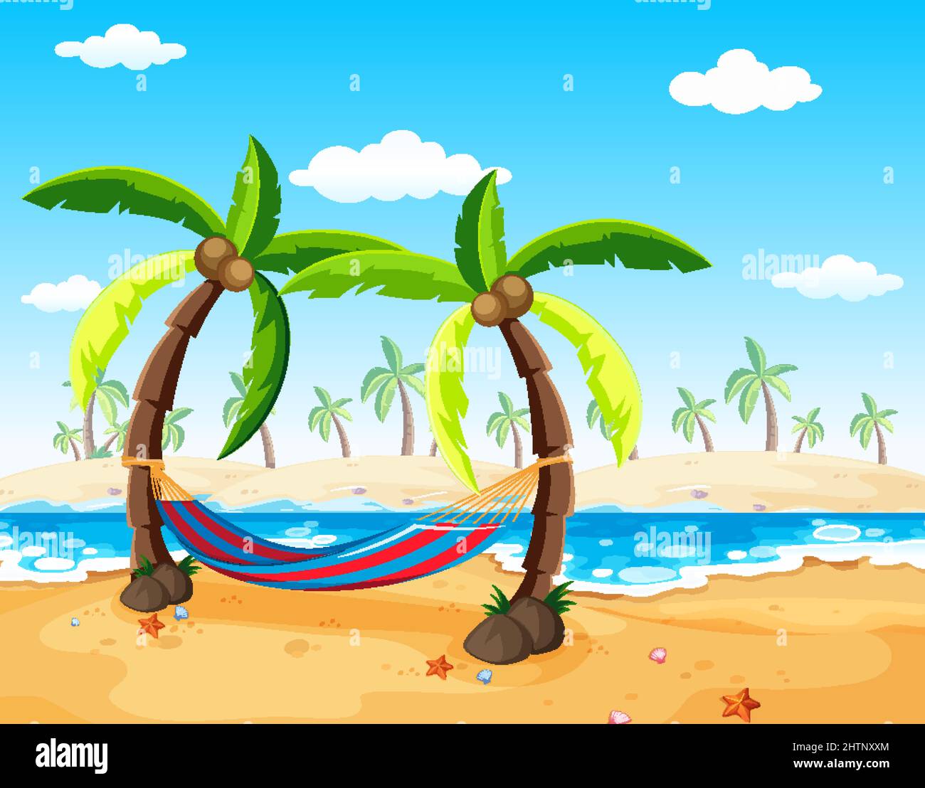 Scene with hammock on the beach illustration Stock Vector