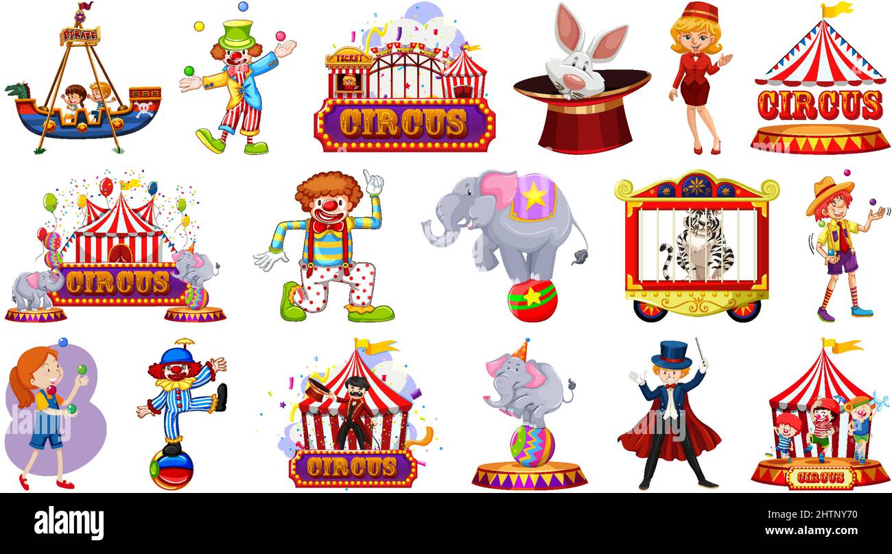Set of circus characters and amusement park elements illustration Stock ...
