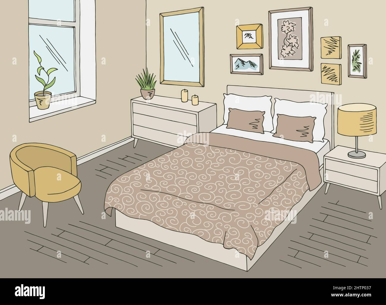 Bedroom graphic color home interior sketch illustration vector Stock Vector