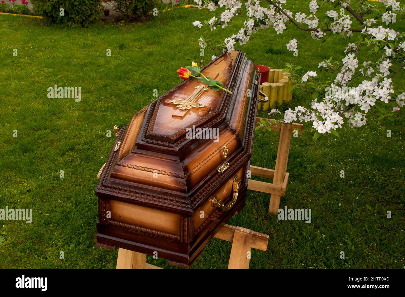 Wooden tomb, cross decoration, ornament, massive handles for burial Stock Photo