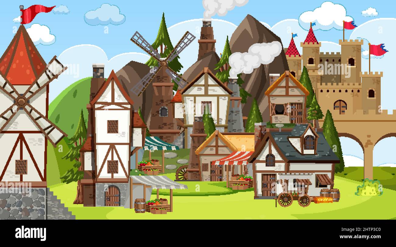 Medieval town scene with villagers illustration Stock Vector Image ...