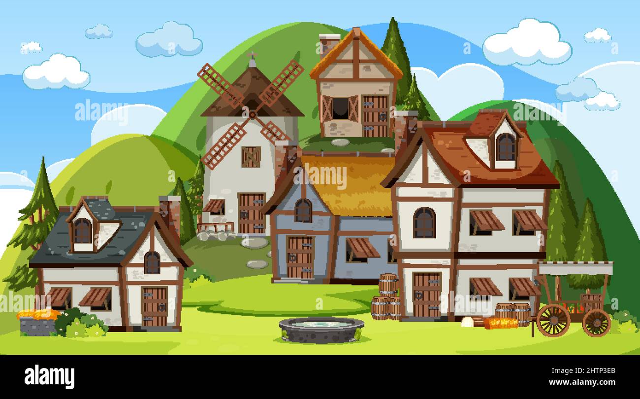 Medieval town scene with villagers illustration Stock Vector Image ...
